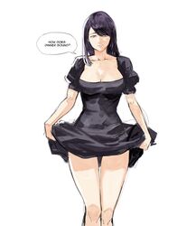  black_dress breasts cleavage clothes_lift dress dress_lift english_text feet_out_of_frame female highres kamishiro_rize large_breasts long_hair looking_at_viewer puffy_short_sleeves puffy_sleeves red_eyes short_sleeves simple_background smile solo speech_bubble tokyo_ghoul white_background yourfreakyneighbourh 