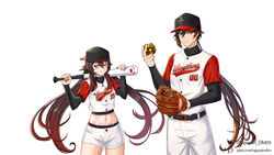  1boy :q alternate_costume backwards_hat baseball_bat baseball_cap baseball_mitt baseball_uniform belt black_shirt boo_tao_(genshin_impact) brown_hair character_print closed_mouth commentary cowboy_shot crop_top dm_(nguyen_dm95) female genshin_impact gradient_hair hat highres holding hu_tao_(genshin_impact) layered_sleeves long_hair long_sleeves looking_at_viewer midriff multicolored_hair navel pants red_eyes shirt short_over_long_sleeves short_shorts short_sleeves shorts simple_background smile sportswear star-shaped_pupils star_(symbol) stomach symbol-shaped_pupils tongue tongue_out twintails undershirt very_long_hair white_background white_pants white_shirt white_shorts zhongli_(genshin_impact) 