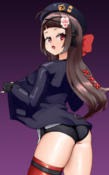  ahoge ass belt beret black_gloves blush bow bowtie brown_hair contrapposto eyes_visible_through_hair female flower girls&#039;_frontline gloves gradient_background hair_flower hair_ornament hat jacket long_hair looking_at_viewer looking_back nijitama_shiyushiyu open_clothes open_jacket open_mouth partially_fingerless_gloves pink_eyes purple_background red_bow red_bowtie rex_zero_1_(girls&#039;_frontline) short_shorts shorts simple_background single_thighhigh solo thick_thighs thigh_belt thigh_strap thighhighs thighs tongue 