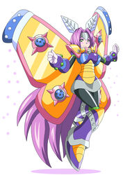  armored_boots arthropod_girl blush blush_stickers boots buti-yu commentary_request dress genderswap_(mtf) gloves green_eyes highres insect_wings jewelry mecha_musume mega_man_(series) mega_man_x2 mega_man_x_(series) morph_moth_(mega_man) moth_antennae moth_girl moth_wings necklace personification purple_hair respirator rule_63 smile smirk solo wings 