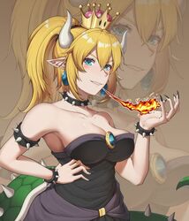  armlet bare_shoulders black_dress black_nails blonde_hair blue_eyes bowsette bracelet breasts breath_weapon breathing_fire cleavage collar collarbone crown dress earrings er_gou_daoren female fingernails fire jewelry large_breasts mario_(series) new_super_mario_bros._u_deluxe pointy_ears sharp_fingernails spiked_armlet spiked_bracelet spiked_collar spiked_shell spiked_tail spikes strapless strapless_dress super_crown tail turtle_shell zoom_layer 