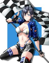  absurdres black_gloves black_shorts blue_eyes blue_jacket blue_panties blush breasts checkered_flag choker cleavage closed_mouth collarbone cropped_jacket embarrassed female fingerless_gloves flag girls&#039;_frontline gloves grey_hair highleg highleg_panties highres holding holding_flag jacket looking_at_viewer medium_breasts midriff navel nym+_(nymplus) official_alternate_costume open_clothes open_fly open_jacket p22_(girls&#039;_frontline) p22_(pulsing_dash)_(girls&#039;_frontline) panties race_queen short_hair shorts skindentation solo squatting stomach_tattoo strapless tattoo thighhighs thighs underwear v-shaped_eyebrows zettai_ryouiki 