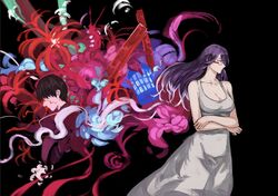  1boy bare_arms bare_shoulders black_background blood blood_on_face breasts cleavage crossed_arms derivative_work dress female from_side glasses grey_dress highres kagune_(tokyo_ghoul) kamishiro_rize kaneki_ken large_breasts long_hair multicolored_background purple_hair red-framed_eyewear red_background screenshot_redraw short_hair tokyo_ghoul yourfreakyneighbourh 