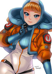  animification apex_legends artist_name blue_bodysuit blue_eyes blue_gloves blue_headwear bodysuit cable clenched_hand dated female gloves highres hood hooded_bodysuit hooded_jacket jacket light_smile looking_at_viewer orange_jacket ribbed_bodysuit satou_ramune scar scar_on_cheek scar_on_face smile solo straight-on wattson_(apex_legends) white_bodysuit 