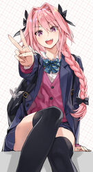  1boy astolfo_(fate) backpack bag black_bow black_thighhighs blue_jacket blush bow braid buttons collared_shirt commentary_request dress_shirt fate/apocrypha fate_(series) hair_intakes hairbow highres jacket long_braid long_hair long_sleeves looking_at_viewer male_focus open_mouth otoko_no_ko outstretched_arm pink_hair purple_eyes purple_sweater school_uniform shirt single_braid sitting smile solo sweater thighhighs thighs v white_shirt yahako 