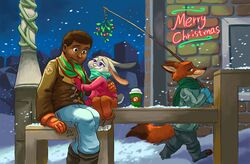  2016 absurd_res anthro brick_wall brown_eyes brown_hair canid canine christmas clothing coat coffee_cup container cup dark_body dark_skin disney english_text eye_contact female female_on_human fox fur gloves green_eyes grey_body grey_fur group hair hand_on_chest handwear hi_res holidays holly_(plant) human human_on_anthro imminent_kiss interspecies judy_hopps kit-ray-live lagomorph leporid looking_at_another male male/female male_on_anthro mammal mistletoe mittens nick_wilde orange_body orange_fur outside plant purple_eyes quentin_(zylo24) rabbit red_fox scarf self_insert side_eye signature sitting sky smile snow stick street_lamp text topwear trio true_fox walking wall_(structure) winter winter_clothing winter_coat winter_gloves zootopia 