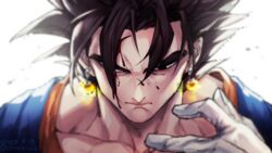  1boy black_eyes black_hair blood blood_on_face closed_mouth commentary_request dated dragon_ball dragon_ball_super earrings gloves glowing hair_over_one_eye injury jewelry male_focus potara_earrings shin_(sinsin12121) signature solo spiked_hair twitter_username upper_body vegetto white_gloves 