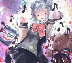  blazer blue_jacket blue_skirt bow bowtie cevio closed_eyes commentary confetti cowboy_shot disco_ball double_bun female grey_hair grey_sweater hair_bun hair_ornament hairclip hands_up highres horns jacket koharu_rikka lakiston microa miniskirt musical_note open_mouth pink_bow pink_bowtie pleated_skirt school_uniform short_hair skirt smile stuffed_animal stuffed_toy sweater synthesizer_v teddy_bear translated yogurt 