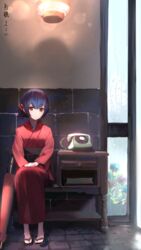  antique_phone artist_name blue_hair female flower hair_flower hair_ornament highres idolmaster idolmaster_shiny_colors indoors japanese_clothes kadomaki_madoka kimono looking_at_viewer morino_rinze phone rain red_eyes red_kimono rotary_phone sandals signature smile umbrella zouri 