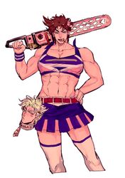  &gt;:) 2boys battle_tendency blonde_hair blue_eyes brown_hair caesar_anthonio_zeppeli candy chainsaw cheerleader cosplay crop_top crossdressing facial_mark food green_eyes jojo_no_kimyou_na_bouken joseph_joestar joseph_joestar_(young) juliet_starling juliet_starling_(cosplay) lollipop lollipop_chainsaw male_focus midriff multiple_boys navel over_shoulder pectoral_cleavage pectorals ribbon scrunchie severed_head side_ponytail smug solo_focus spiked_hair sujiko_(125motimoti) thighhighs v-shaped_eyebrows 