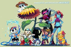  2016 alphys animal_humanoid animated animated_skeleton anthro asriel_dreemurr bikini bone bovid breasts canid canine caprine clothing dessert english_text eye_patch eyewear felid feline female fish fish_humanoid flower food frisk_(undertale) ghost glasses group hair human humanoid hybrid ice_cream lizard machine male mammal marine marine_humanoid mettaton_ex napstablook papyrus_(undertale) plant rainbow reptile robot sans_(undertale) scalie shigeruarsw skeleton smile spirit sunglasses swimwear temmie_(undertale) text undead undertale undertale_(series) undyne water 