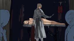  2girls arianna_(bloodborne) bloodborne breasts character_request closed_mouth coat completely_nude feet_out_of_frame from_behind gloves grey_coat holding holding_clothes holding_coat holding_knife indoors iosefka knife large_breasts long_sleeves lying multiple_girls nude on_side ponytail standing yourfreakyneighbourh 