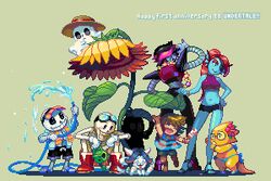  2016 alphys animal_humanoid animated animated_skeleton anthro asriel_dreemurr bikini bone bovid breasts canid canine caprine clothing dessert english_text eye_patch eyewear felid feline female fish fish_humanoid flower food footwear frisk_(undertale) ghost glasses group hair hat headgear headwear human humanoid hybrid ice_cream lizard low_res machine male mammal marine marine_humanoid mettaton_ex napstablook papyrus_(undertale) plant rainbow reptile robot sans_(undertale) scalie shigeruarsw skeleton smile spirit sunglasses swimwear temmie_(undertale) text undead undertale undertale_(series) undyne water 