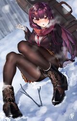  absurdres angry b:ga bad_id bad_twitter_id between_breasts black_coat black_pantyhose breasts brown_skirt coat commentary_request female girls&#039;_frontline gloves hair_ornament highres large_breasts long_hair long_legs necktie necktie_between_breasts official_alternate_costume one_side_up open_clothes open_coat panties panties_under_pantyhose pantyhose print_scarf purple_hair red_eyes red_necktie red_scarf scarf sitting skirt snow snowflake_hair_ornament snowflake_print snowing underwear wa2000_(date_in_the_snow)_(girls&#039;_frontline) wa2000_(girls&#039;_frontline) white_gloves 