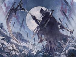  1boy bloodborne burial_blade cloud coat flower full_moon fune_(nkjrs12) gehrman_the_first_hunter gun hat highres holding holding_scythe male_focus moon night night_sky peg_leg scythe sky top_hat weapon 