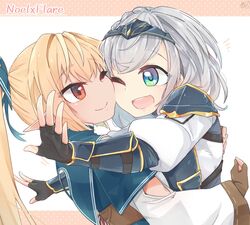  2girls asymmetrical_docking black_gloves blonde_hair blue_bow blush bow braid breast_press brown_gloves cheek-to-cheek circlet dark-skinned_female dark_skin elf fingerless_gloves gloves green_eyes grey_hair hairbow heads_together hololive hug long_hair looking_at_another medium_hair multiple_girls one_eye_closed open_mouth partially_fingerless_gloves pointy_ears ponytail red_eyes shiranui_flare shiranui_flare_(old_design) shirogane_noel shirogane_noel_(1st_costume) smile starblame upper_body virtual_youtuber yuri 