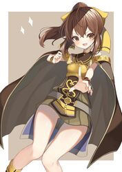  armor breastplate brown_eyes brown_hair cape delthea_(fire_emblem) dress female fire_emblem fire_emblem_echoes:_shadows_of_valentia hako_momiji highres open_mouth ponytail short_dress simple_background solo thighs 