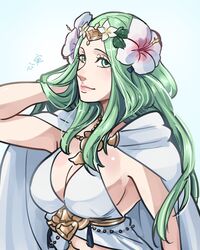  bad_id bad_pixiv_id breasts cleavage closed_mouth commentary dress female fire_emblem fire_emblem:_three_houses fire_emblem_heroes flower green_eyes green_hair hair_flower hair_ornament kokomi_(aniesuakkaman) large_breasts long_hair rhea_(fire_emblem) rhea_(summer)_(fire_emblem) simple_background solo upper_body white_dress 