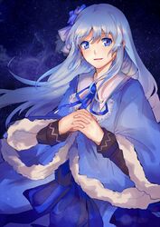  :d bad_id bad_pixiv_id blue_coat blue_eyes blue_flower blue_ribbon blue_rose blush character_request coat copyright_request female floating_hair flower fur-trimmed_coat fur_trim hair_between_eyes hair_flower hair_ornament interlocked_fingers lanlanlu_(809930257) long_hair long_sleeves looking_at_viewer neck_ribbon open_mouth own_hands_clasped own_hands_together ribbon rose silver_hair sky smile solo standing star_(sky) starry_sky tears very_long_hair 