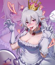  blush boo_(mario) breasts choker claw_pose cleavage collar collar_jewel crown dress earrings er_gou_daoren female frilled_collar frilled_dress frilled_gloves frills gloves hair_between_eyes heart heart-shaped_pupils jewelry large_breasts long_hair long_tongue luigi&#039;s_mansion mario_(series) mini_crown new_super_mario_bros._u_deluxe pendant_collar pointy_ears princess_king_boo puffy_short_sleeves puffy_sleeves purple_eyes sharp_teeth short_sleeves super_crown symbol-shaped_pupils teeth tongue tongue_out very_long_hair white_dress white_gloves white_hair zoom_layer 