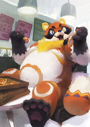  2019 anthro belly biped canid canine detailed detailed_background detailed_food food heterochromia humanoid_hands mammal overweight overweight_anthro pizza raccoon_dog racoonwolf sitting solo tanuki 