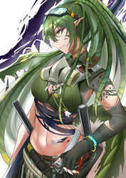  absurdres arknights black_gloves breasts crop_top elbow_gloves eyewear_on_head fang_out female fingerless_gloves gas_mask gavial_(arknights) gavial_the_invincible_(arknights) gloves green_hair highres large_breasts long_hair looking_away mask navel oerba_yun_fang official_alternate_costume open_mouth pointy_ears ponytail safety_glasses simple_background solo stomach upper_body very_long_hair yellow_eyes zuishangxi 