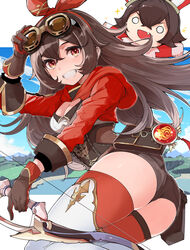  :d adjusting_eyewear amber_(genshin_impact) arm_up ass baron_bunny_(genshin_impact) belt blue_sky blush bow_(weapon) breasts brown_gloves brown_hair brown_shorts cleavage crossed_bangs day doll english_commentary eyelashes facing_viewer feet_out_of_frame female genshin_impact gloves goggles goggles_on_head goten_(510gensoku) grin hair_between_eyes hairband hand_on_eyewear headband highres holding holding_bow_(weapon) holding_weapon hugging_object letterboxed long_hair oerba_yun_fang open_mouth pocket red_hairband red_ribbon ribbon short_shorts shorts sidelocks sky smile solid_circle_eyes solo standing teeth thighhighs thighs utility_belt vision_(genshin_impact) weapon 