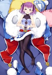  :d bare_arms bare_shoulders beanie black_bow black_pantyhose blue_dress blue_hat bow breasts commentary_request dress fate/grand_order fate/grand_order_arcade fate_(series) female full_body fur-trimmed_dress fur_trim hairbow hat heart heart_hands helena_blavatsky_(christmas)_(fate) helena_blavatsky_(fate) lying natsume_eri no_shoes on_back open_mouth pantyhose purple_eyes purple_hair short_hair sleeveless sleeveless_dress small_breasts smile solo unworn_hat unworn_headwear 