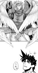  angel_wings battle_tendency caesar_anthonio_zeppeli closed_eyes closed_jacket facial_mark fingerless_gloves gloves greyscale headband jacket jojo_no_kimyou_na_bouken joseph_joestar joseph_joestar_(young) male_focus monochrome multiple_wings popped_collar seraph sujiko_(125motimoti) wing_hair_ornament winged_hair_ornament wings zipper 