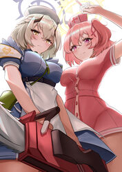  2girls absurdres apron arm_behind_back armband blue_archive blue_dress blush braid breasts chainsaw closed_mouth dress feet_out_of_frame french_braid from_below hair_ribbon halo hand_up hat highres holding holding_chainsaw horns large_breasts mechanical_halo medium_breasts multiple_girls nurse nurse_cap pink_dress pink_hair purple_eyes ribbon sena_(blue_archive) serina_(blue_archive) serina_(nurse)_(blue_archive) short_hair short_sleeves side_ponytail smile standing waist_apron white_apron white_armband white_background white_hair yellow_eyes zuishangxi 