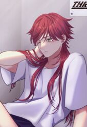  1boy closed_mouth commentary_request green_eyes hair_over_shoulder highres ioriso lauren_iroas long_hair male_focus nijisanji one_eye_closed oversized_clothes oversized_shirt red_hair rubbing_neck shirt solo virtual_youtuber white_shirt 