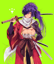  1boy abs alternate_costume bandages cowboy_shot fate/grand_order fate_(series) fu_yukari green_background hadanugi_dousa hair_over_one_eye holding holding_weapon holy_grail_(fate) japanese_clothes kimono koha-ace long_hair male_focus multiple_swords okada_izou_(fate) okada_izou_(third_ascension)_(fate) open_clothes open_kimono over_shoulder pectorals ponytail purple_hair shrug_(clothing) solo weapon weapon_over_shoulder yellow_eyes 