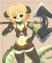  absurdres axe azpainter_(medium) bandaid black_shorts black_thighhighs blonde_hair commentary_request dragon_girl elbow_gloves elbow_pads female gloves green_eyes highres horns jormungandr_(zettai_bouei_leviathan) navel noiseleader scales short_hair short_shorts shorts solo tail thighhighs weapon zettai_bouei_leviathan 