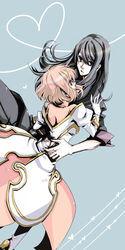  1boy black_eyes black_hair commentary_request estellise_sidos_heurassein female gloves heart heart_of_string kmikan long_hair pink_hair short_hair tales_of_(series) tales_of_vesperia yuri_lowell 