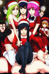  3boys 4girls 5girls androgynous antlers askin_nakk_le_vaar bambietta_basterbine black_hair bleach blonde_hair breasts candice_catnipp christmas cleavage crossdressing feet femdom giselle_gewelle green_eyes green_hair hat huge_breasts large_breasts leggings legs_crossed liltotto_lamperd looking_at_viewer meninas_mcallon multiple_boys multiple_girls no_shoes pantyhose pink_eyes popsicle purple_hair quincy_(bleach) red_nose reindeer_antlers santa_claus santa_hat small_breasts smile trap yellow_eyes 