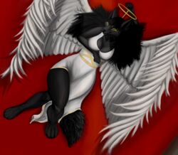  absurd_res angel anthro anubian_jackal breasts canid canine canis clothed clothing costume crossed_legs digital_media_(artwork) dress egyptian egyptian_clothing female fur hi_res inside jackal kalasiris looking_at_viewer lying mammal on_back sabrotiger smile solo 