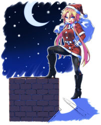  absurdres argyle_clothes argyle_legwear belt_boots black_footwear black_pantyhose blonde_hair blue_eyes boots breasts capelet chimney christmas commentary_request crescent_moon female gloves hand_on_own_hip hat high_heel_boots high_heels highres himekawa_hinari knee_boots long_hair low_twintails medium_breasts moon oerba_yun_fang open_mouth original pantyhose sack santa_costume santa_hat smile solo twintails white_gloves yoshida_hideyuki 