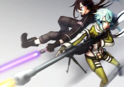  absurdres anti-materiel_rifle armband black_eyes black_hair blue_eyes blue_hair bolt_action energy_sword female garter_belt gun hair_ornament hairclip highres holding holding_gun holding_weapon kirito kirito_(sao-ggo) long_hair pgm_hecate_ii rifle scope shinon_(sao) sniper_rifle sword sword_art_online weapon 