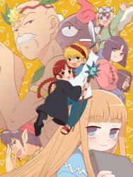  3girls 5boys :d :o armlet backpack bad_id bad_pixiv_id bag beads black_eyes black_hair black_robe blonde_hair blue_eyes book braid brown_eyes brown_hair brown_hat commentary_request facial_hair gipple_(mahoujin_guruguru) goggles goggles_on_headwear hair_beads hair_ornament hairband hand_up hat holding holding_book holding_sword holding_weapon hood hood_down juju_coo_shnamur kukuri_(mahoujin_guruguru) looking_at_viewer mahoujin_guruguru moustache multiple_boys multiple_girls nike_(mahoujin_guruguru) old old_man open_mouth pointy_ears raid_(mahoujin_guruguru) red_hat robe runrun_vermeer sandals sly_(mahoujin_guruguru) smile sword tasuku toma_parott twin_braids udberg_eldol v-shaped_eyebrows weapon 