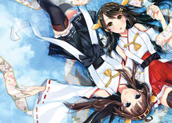  2girls ahoge bad_id bad_pixiv_id black_hair black_thighhighs blue_eyes brown_hair detached_sleeves hairband haruna_(kancolle) headgear kantai_collection kongou_(kancolle) long_hair looking_at_viewer lying multiple_girls nontraditional_miko on_back ouka_mai thighhighs wide_sleeves yellow_eyes 