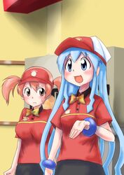  2girls blue_eyes blue_hair brand_name_imitation breast_envy brown_eyes clothes_writing commentary_request crossover employee_uniform fast_food_uniform hataraku_maou-sama! ikamusume long_hair multiple_girls polo_shirt pxton sasaki_chiho shinryaku!_ikamusume short_hair short_twintails tentacle_hair twintails uniform visor_cap 