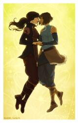  2girls asami_sato avatar_legends bad_id bad_tumblr_id bare_shoulders blue_eyes boots couple dark-skinned_female dark_skin elbow_gloves eye_contact fingerless_gloves floating full_body gloves green_eyes highres holding_hands hug korra lipstick long_hair looking_at_another makeup multiple_girls nymre ponytail short_hair sleeveless smile spoilers the_legend_of_korra toned waist_hug yuri 