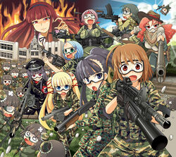  6+girls @_@ ahoge aiming aiming_at_viewer airsoft ak-47 aor2_(camo) assault_rifle bandaid black_hair blonde_hair blue_eyes blue_hair blunt_bangs bow braid brown_hair building bullet bun_cover camouflage chibi commentary_request cowboy_hat cowboy_western cowgirl_(western) drum_magazine dual_wielding eotech fire forehead foreshortening girls_bad_company goggles grenade_launcher grin gun hair_ribbon hairbow hat headband holding holding_gun holding_weapon kalashnikov_rifle left-handed load_bearing_vest long_hair m203 m4_carbine machine_gun magazine_(weapon) mecha_request mg42 multiple_girls nazi o_o open_mouth peaked_cap ponytail purple_hair red_eyes red_hair ribbon rifle ringed_eyes sakazaki_freddy shotgun sleeves_pushed_up smile sun swastika sweat tears tropical_camouflage twintails type_96_light_machine_gun underbarrel_grenade_launcher wavy_hair weapon woodland_camouflage 