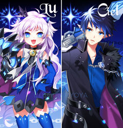  1boy :d artist_name black_hair blue_eyes blue_sleeves blue_thighhighs bow chains character_name ciel_(elsword) claws commentary crown demon_power_(elsword) detached_sleeves elsword english_commentary facial_mark female forehead_mark jacket long_hair luciela_r._sourcream mini_crown myoya open_mouth photoshop_(medium) pointy_ears ribbon shirt skirt smile thighhighs white_hair zettai_ryouiki 