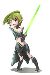  energy_sword frfr green_eyes green_hair lightsaber midriff sword weapon 