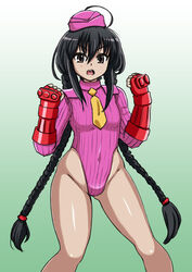  alternate_color asortofcolorfag black_hair braid brown_eyes cammy_white cammy_white_(cosplay) colorized commission commissioner_upload cosplay drawfag female fingerless_gloves garrison_cap gloves hat highleg highleg_leotard highres leotard long_hair pink_leotard shakugan_no_shana shana solo street_fighter thighs twin_braids twintails 