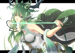  bare_shoulders ceres_(p&amp;d) commentary_request dress endou_(zettai_bluenoid) female green_eyes green_hair hair_ornament letterboxed long_hair looking_at_viewer puzzle_&amp;_dragons shawl sidelocks solo upper_body white_dress 