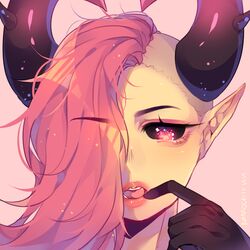  1:1 bedroom_eyes black_sclera demon female finger_to_mouth hair half-closed_eyes half_shaved_head hi_res horn humanoid_face humanoid_pointy_ears kamochiruu looking_at_viewer narrowed_eyes not_furry open_mouth pink_background pink_eyes pink_hair pose seductive side_shave simple_background solo tongue 