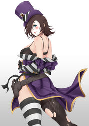  ass asymmetrical_legwear back bad_id bad_pixiv_id bare_shoulders belt black_belt black_bra black_gloves black_hair black_legwear black_sash blue_eyes borderlands_(series) borderlands_2 bra breasts buttons card closed_mouth clothes_lift clothes_pull collared_dress commentary cowboy_shot diagonal_stripes dress dress_lift dress_pull eyeshadow female fingerless_gloves fishnet_thighhighs fishnets flipped_hair from_side gloves gradient_background grey_background hair_over_one_eye half-closed_eyes hat highres holster lace lace-trimmed_bra lace_trim large_breasts legs_apart light_smile lipstick long_sleeves looking_at_viewer looking_back loose_belt mad_moxxi makeup mismatched_legwear mole mole_above_mouth off_shoulder one_eye_covered playing_card pulling_own_clothes purple_dress purple_hat queen_(playing_card) queen_of_spades red_lips rouge_(makeup) sash shiny_clothes shiny_skin short_hair shoulder_blades side_slit sideboob signature sleeve_cuffs smile solo spade_(shape) standing stormcow striped_clothes striped_dress striped_thighhighs thick_thighs thighhighs thighs top_hat torn_clothes torn_thighhighs underwear undressing vertical-striped_clothes vertical-striped_dress white_background white_legwear wind wind_lift wing_collar 