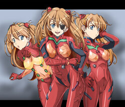  3girls :&lt; :d :o adjusting_hair alternate_breast_size bad_id bad_pixiv_id blue_eyes bodysuit bracer breasts closed_mouth clothes_writing colored_eyelashes contrapposto covered_navel cowboy_shot duct_tape evangelion:_2.0_you_can_(not)_advance evangelion:_3.0_you_can_(not)_redo eyepatch frown gloves grey_background hair_between_eyes hair_ornament hairpods hand_on_own_hip highres interface_headset large_breasts leaning_forward letterboxed long_hair looking_at_viewer multicolored_bodysuit multicolored_clothes multiple_girls multiple_persona naoyuki neon_genesis_evangelion open_mouth orange_bodysuit orange_hair parted_bangs plugsuit rebuild_of_evangelion red_bodysuit see-through skin_tight smile souryuu_asuka_langley standing test_plugsuit turtleneck two_side_up v-shaped_eyebrows 